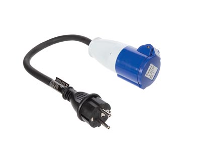 Adapter cable, H07RN-F 3G2.5, 0.4 m, 16 A/230 V, 3680 W, type E/F to CEE, for indoor and outdoor use, rubber, blue