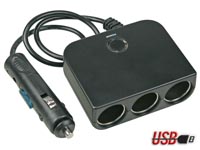 3 SOCKET CAR CIGARETTE LIGHTER ADAPTER - 12 V - WITH USB PORT