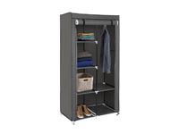 Storage cabinet with removable clothes rod, 4 small and 2 large shelves, metal frame, roll-up cover with hook-and-loop fastener and zipper, 89 x 44.5 x 169 cm, grey