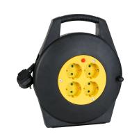 Cable reel, indoor use, 4 Schuko sockets, thermal protection, cable length 10 m, 3G1.5, black/yellow