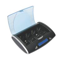Universal fast charger/discharger, with LCD display, suitable for NiMH AA, AAA, C, D, 9 V batteries, with USB output, microprocessor control,  LED indicator during charging, includes adapter